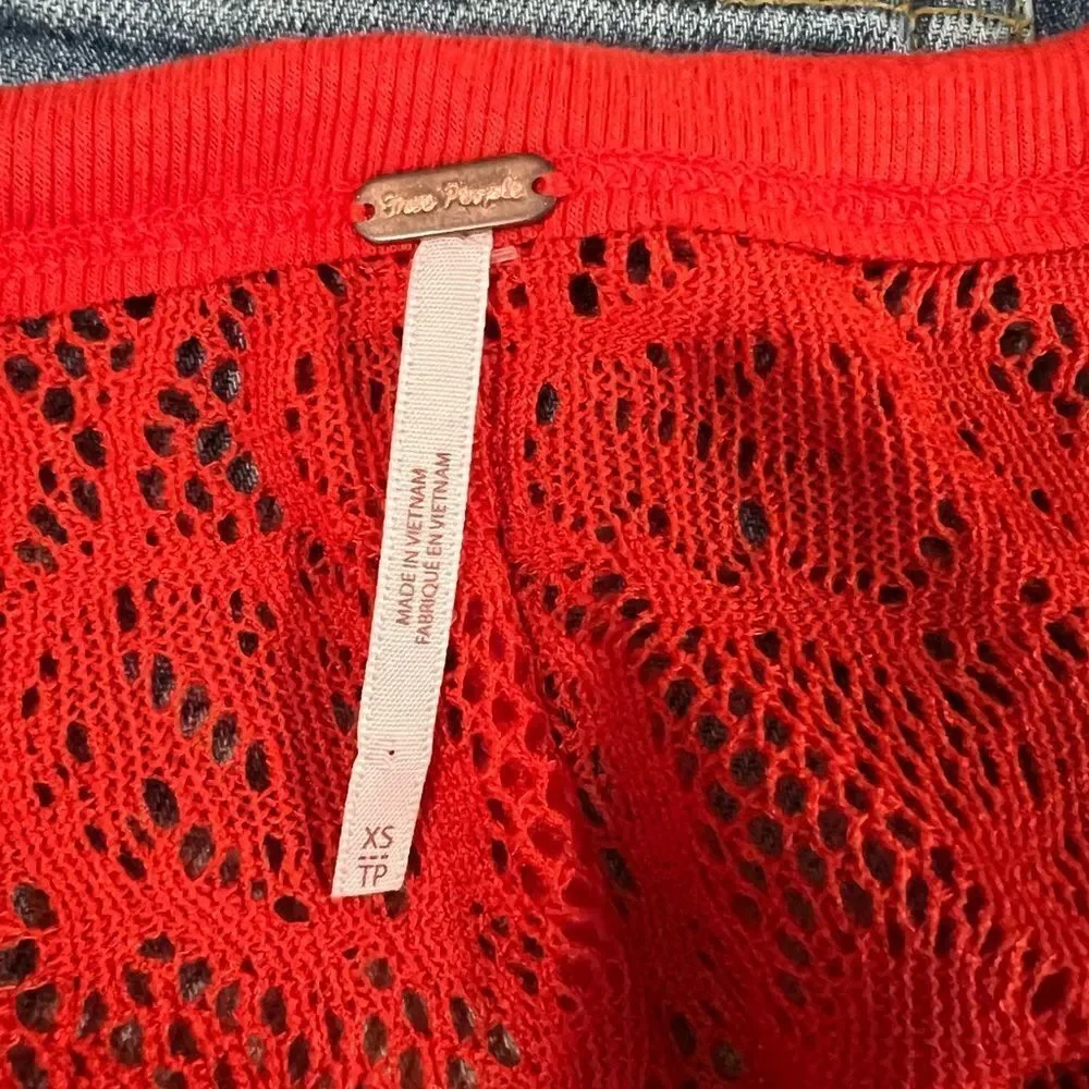 Free People Oversized Orange Long Sleeve Top Semi-Sheer Lacy Size XS Bohemian